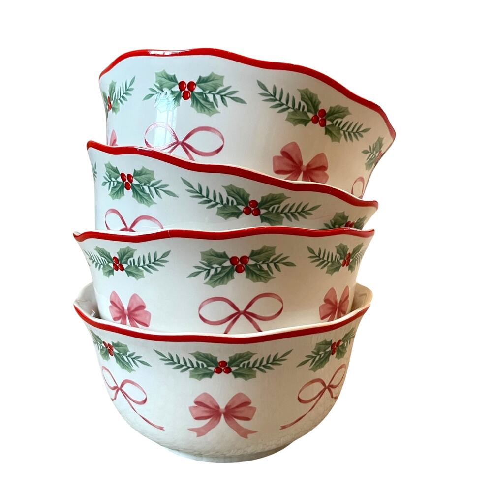 4 PINKMAS Cereal Bowls Pink Bows Christmas Tree 6" Porcelain Holly 222 Fifth NEW